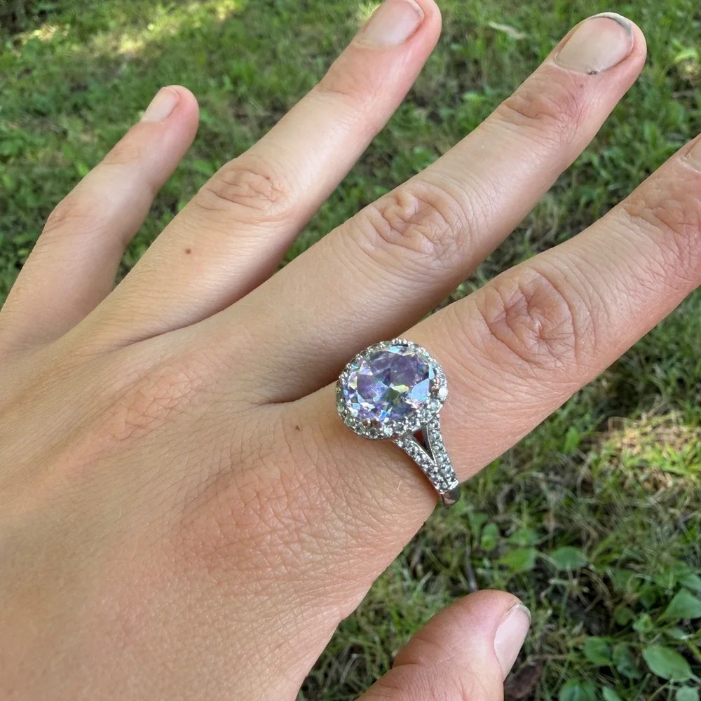 Oval Halo Statement Ring  9.5 Purple Silver Tone Split Shank Faux Amethyst